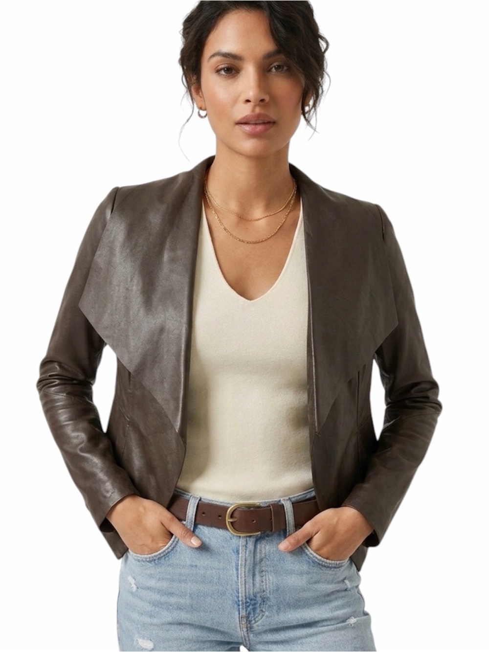Bod & Christensen Genuine Leather Draped Waterfall Collar Jacket chocolate Brown - Picture 2 of 8